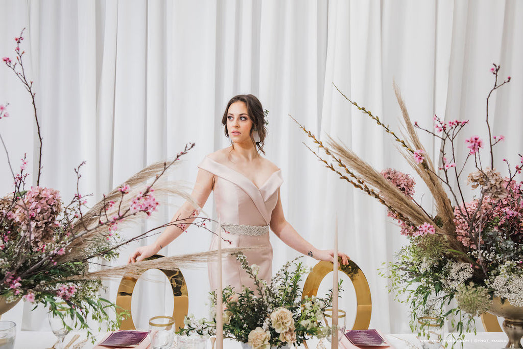 blush bridal style and floral arrangement