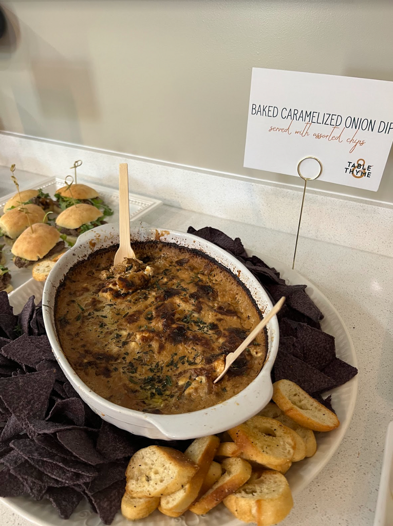 Table & Thyme Business Lunch Catering baked caramelized onion dip and chips