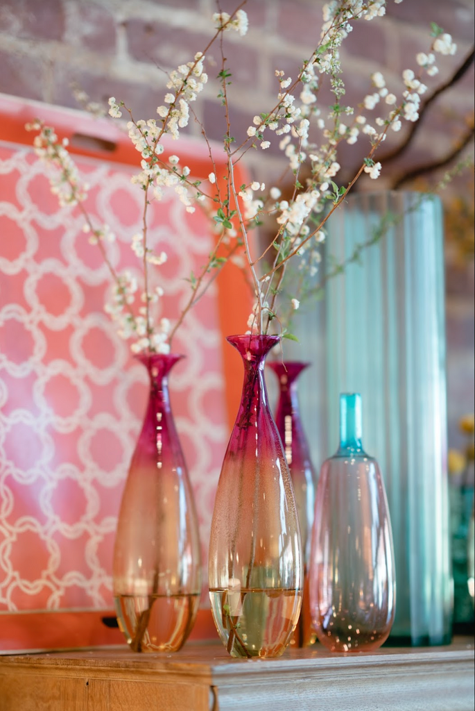 A Tranquil Spring Luncheon with Table & Thyme flowers in assorted vases