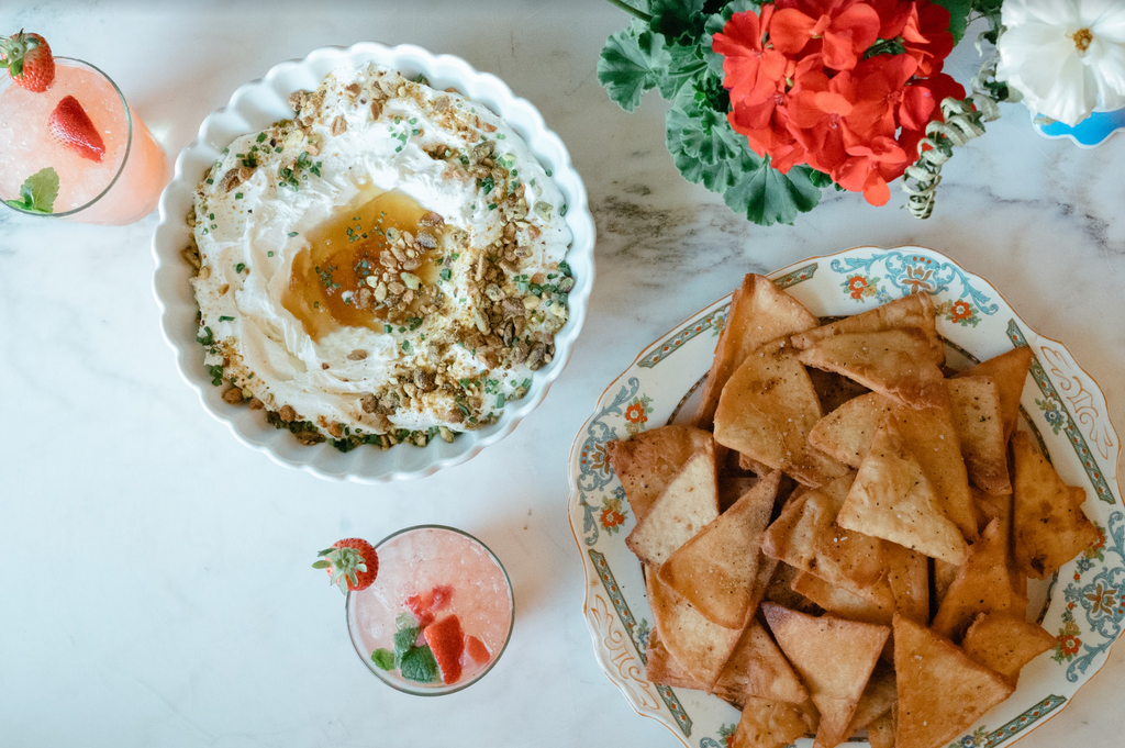 A Tranquil Spring Luncheon with Table & Thyme pita chips and labneh