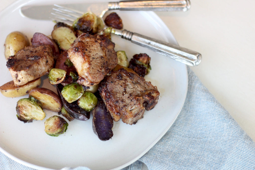 pork, brussel sprouts, and potatoes
