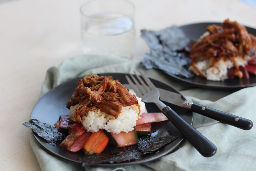 pulled pork, mashed potatoes, and vegetables