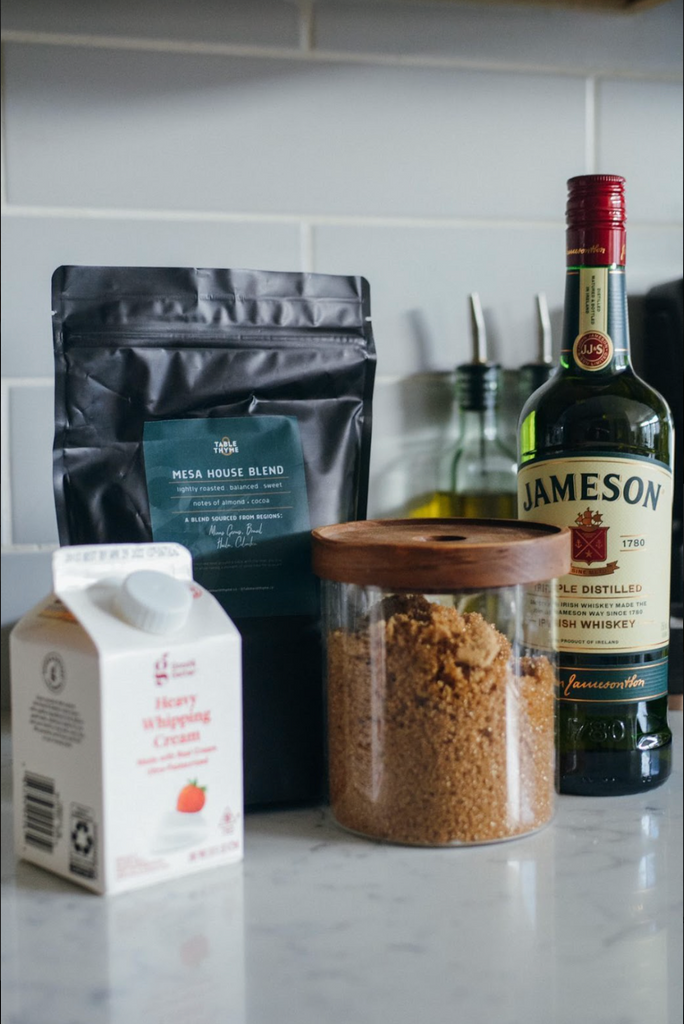 Coffee with a Kick: How to Make Authentic Irish Coffee at Home ingredients: brown sugar, coffee, whipping cream, and irish whiskey