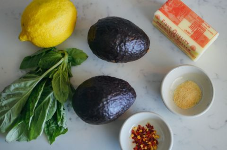 avocados, lemon, basil, butter, spices ingredients for avocado dip recipe
