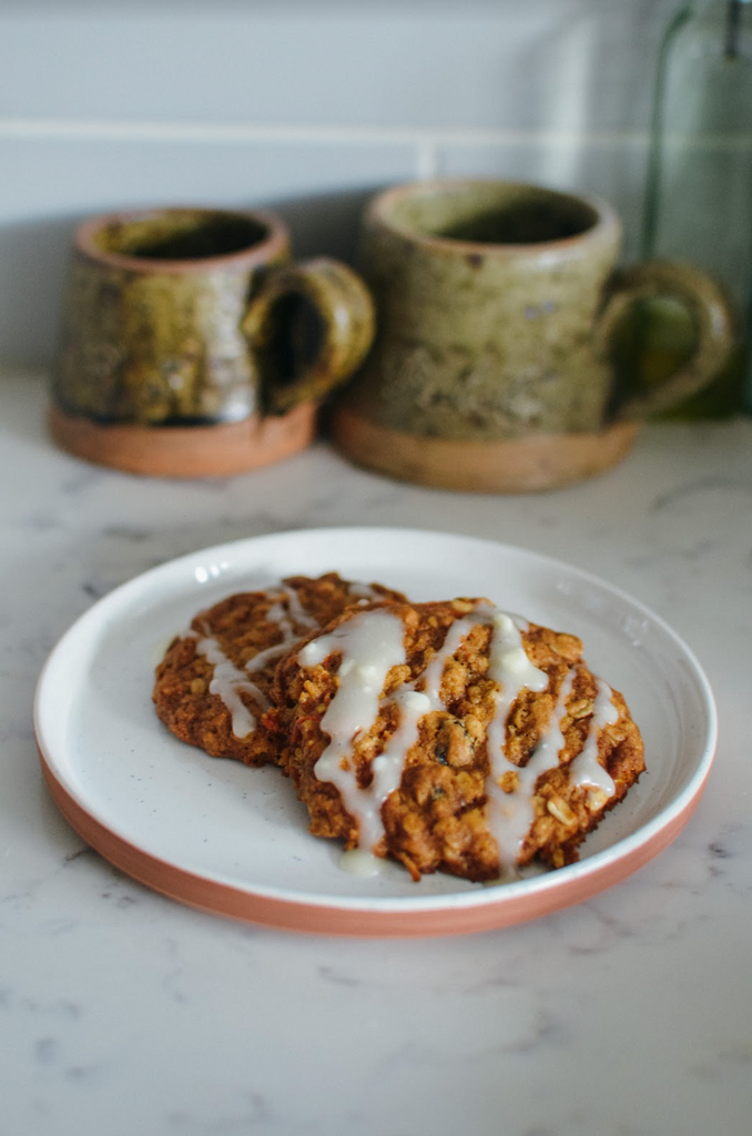 Carrot Cake Cookies with Cream Cheese Glaze on a plate