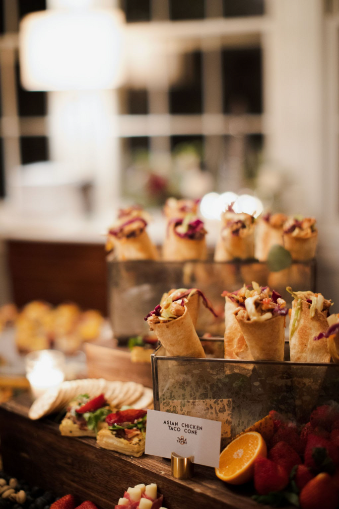 Stylish Evening Soiree in Mountain Brook grazing table asian chicken taco cones